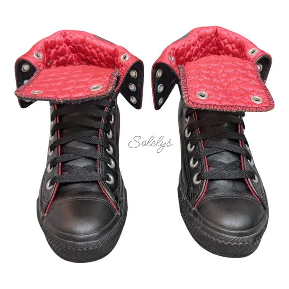 Converse 2010 RARE XHI 13 Eyelet Calf Hi Leather Foldover Black Pink Sneaker 8.5