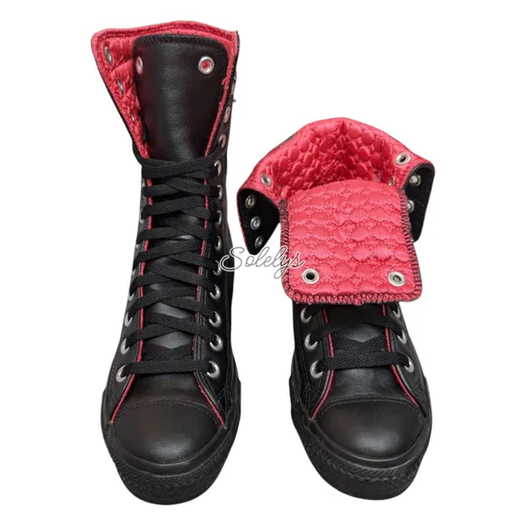 Converse 2010 RARE XHI 13 Eyelet Calf Hi Leather Foldover Black Pink Sneaker 8.5