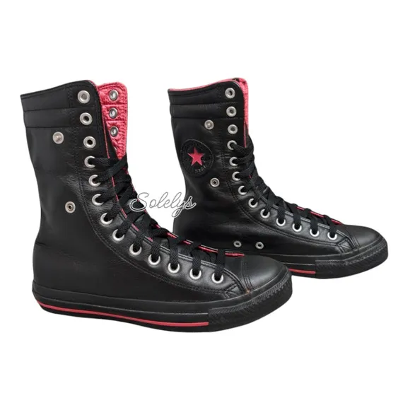 Converse 2010 RARE XHI 13 Eyelet Calf Hi Leather Foldover Black Pink Sneaker 8.5