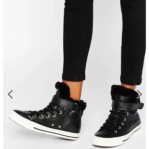 Converse Chuck Taylor Black Faux Fur Lined Brea Hi Top Sneakers Women's 8