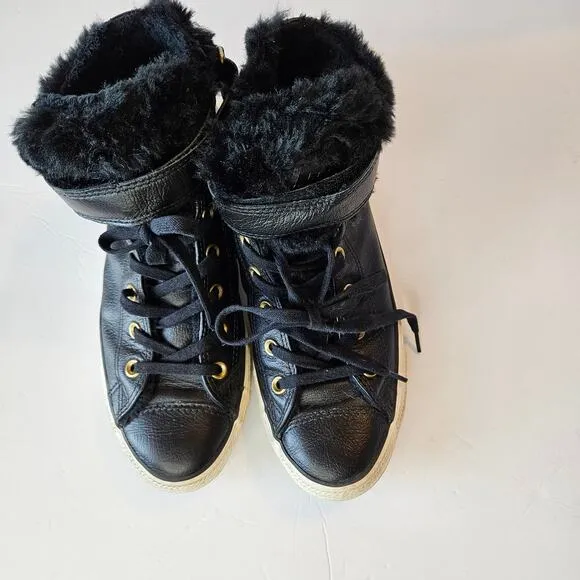 Converse Chuck Taylor Black Faux Fur Lined Brea Hi Top Sneakers Women's 8
