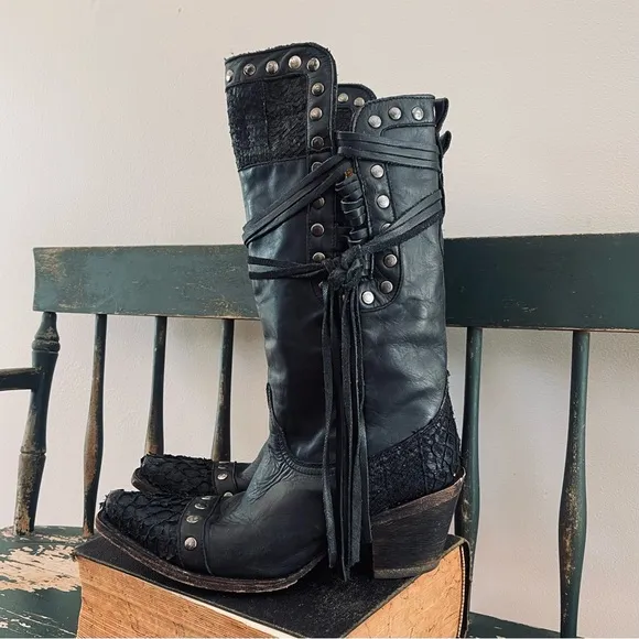 CORRAL Black Leather High Low Rocker Chic Moto Cowboy Boots Rivets Fish Boots 8