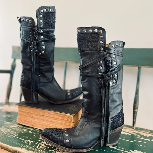 CORRAL Black Leather High Low Rocker Chic Moto Cowboy Boots Rivets Fish Boots 8