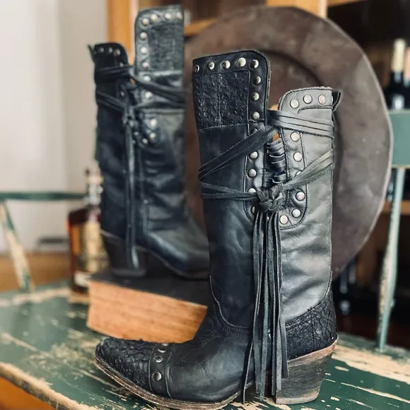 CORRAL Black Leather High Low Rocker Chic Moto Cowboy Boots Rivets Fish Boots 8