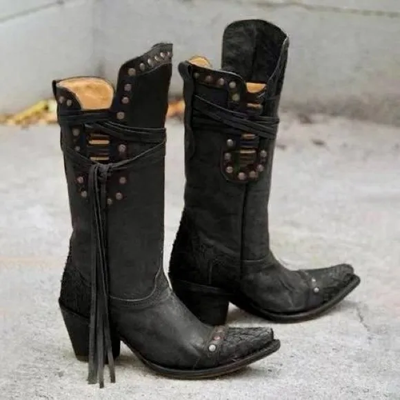 CORRAL Black Leather High Low Rocker Chic Moto Cowboy Boots Rivets Fish Boots 8