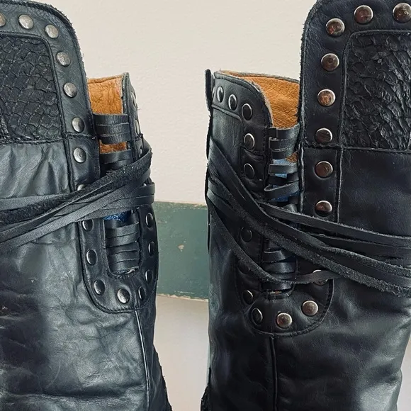 CORRAL Black Leather High Low Rocker Chic Moto Cowboy Boots Rivets Fish Boots 8