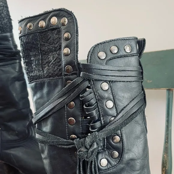 CORRAL Black Leather High Low Rocker Chic Moto Cowboy Boots Rivets Fish Boots 8