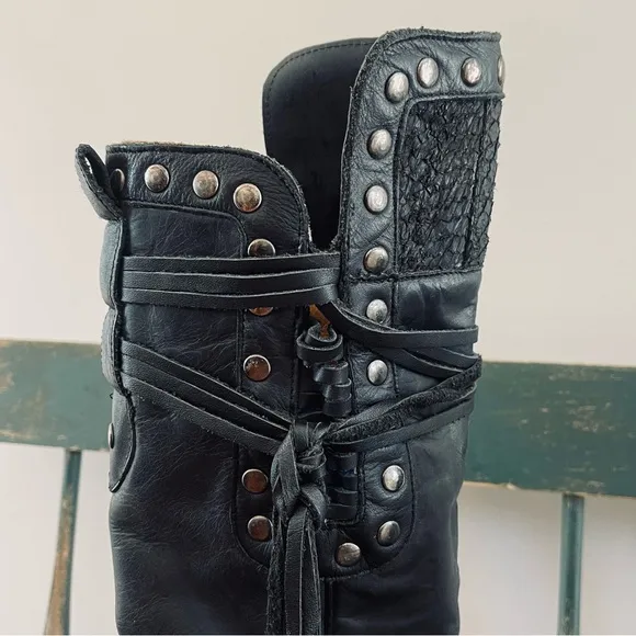 CORRAL Black Leather High Low Rocker Chic Moto Cowboy Boots Rivets Fish Boots 8