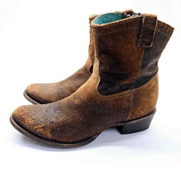 Corral Brown Suede Leather Western Ankle Boots Women's 10 Stacked Heel Burnished