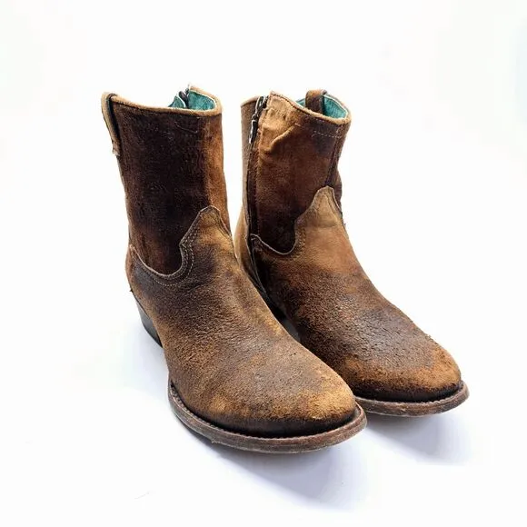 Corral Brown Suede Leather Western Ankle Boots Women's 10 Stacked Heel Burnished