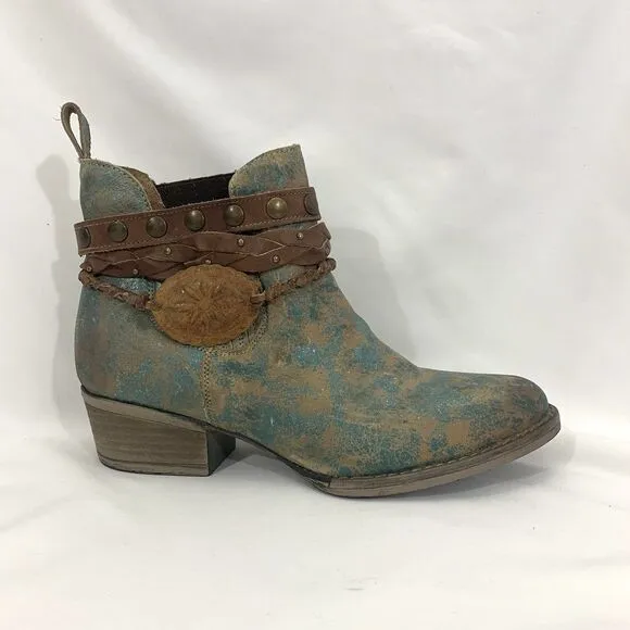 Corral Circle G Womens Sz 8.5 Green Harness Studded Western Cowgirl Ankle Boots