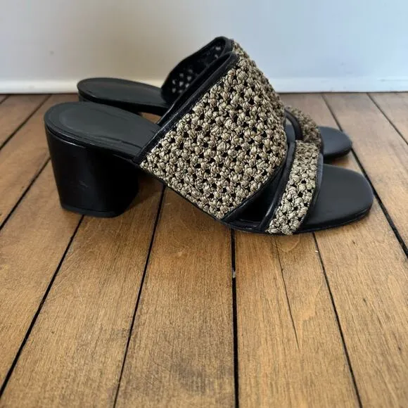Creatures of Comfort Malu Crochet Raffia Block Heel Leather Slide Sandals 40 / 9