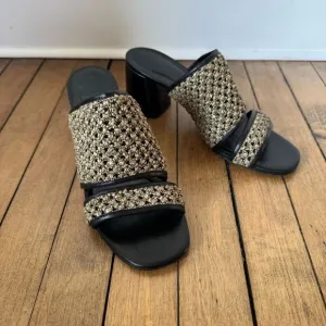 Creatures of Comfort Malu Crochet Raffia Block Heel Leather Slide Sandals 40 / 9