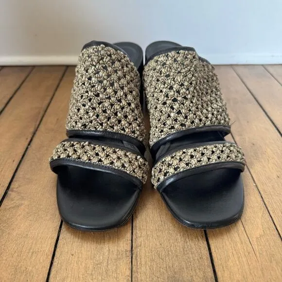Creatures of Comfort Malu Crochet Raffia Block Heel Leather Slide Sandals 40 / 9