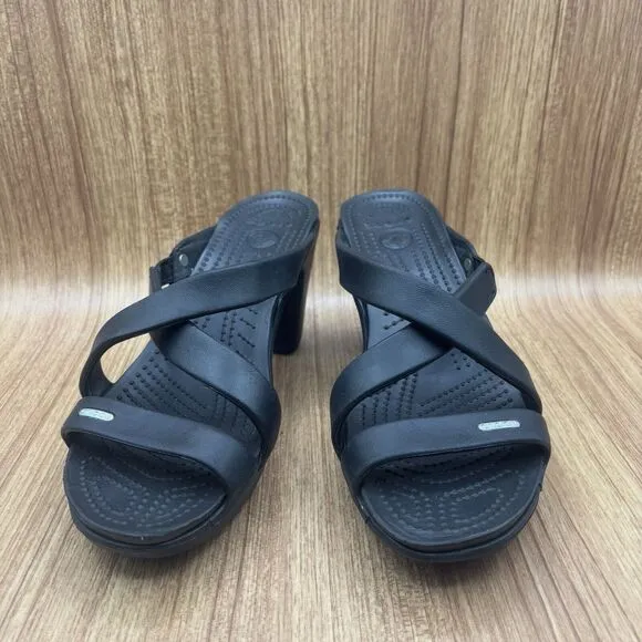 Crocs Cyprus Sandals Black Strappy Heel Platform Rubber Shoes Women's Size 10