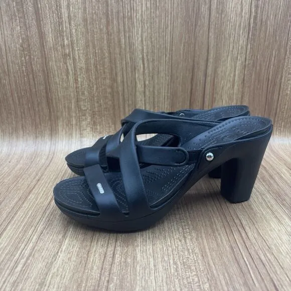 Crocs Cyprus Sandals Black Strappy Heel Platform Rubber Shoes Women's Size 10