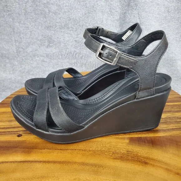 Crocs Leigh II Sandals Women's 10 Black Open Toe Ankle Strap Comfort Wedges