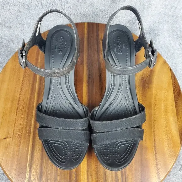 Crocs Leigh II Sandals Women's 10 Black Open Toe Ankle Strap Comfort Wedges