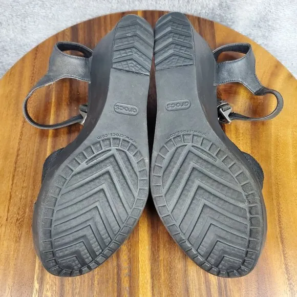 Crocs Leigh II Sandals Women's 10 Black Open Toe Ankle Strap Comfort Wedges