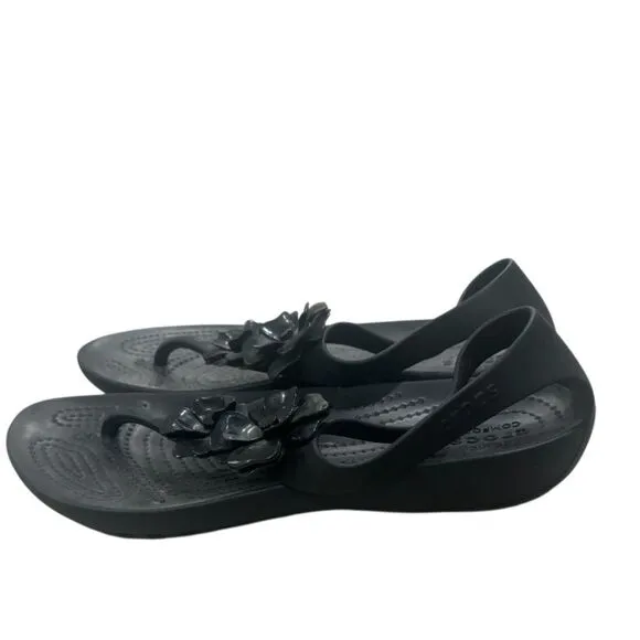 Crocs Serena Embellish Floral Thong  Flip Flop Sandals Black Comfort Sz 7 Womens