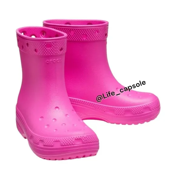 Crocs Size 9c Girls Pink Rain‎ Boots Rubber Round Toe Pull On Mid Calf Comfort