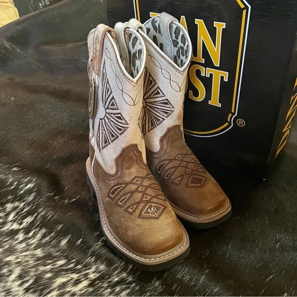 Dan Post Lil' Kite‎ Days Western Cowboy Boots Girls Square Toe Tan White NIB
