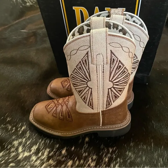 Dan Post Lil' Kite‎ Days Western Cowboy Boots Girls Square Toe Tan White NIB