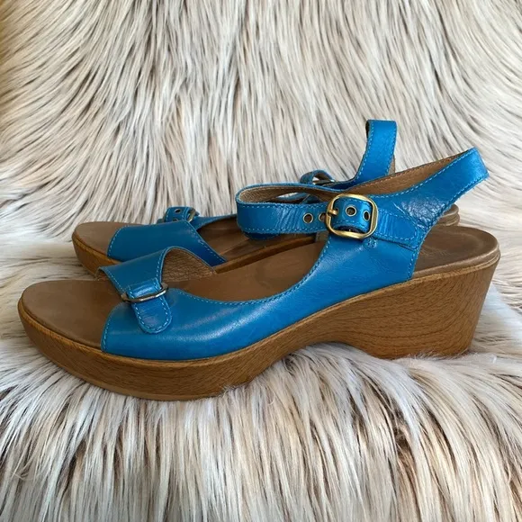 Dansko Joanie Leather Buckle Wedge Sandals Womens Size 11 - 11.5 EU 42 Teal Blue