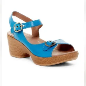 Dansko Joanie Leather Buckle Wedge Sandals Womens Size 11 - 11.5 EU 42 Teal Blue
