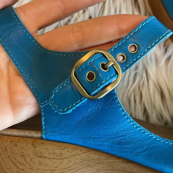 Dansko Joanie Leather Buckle Wedge Sandals Womens Size 11 - 11.5 EU 42 Teal Blue