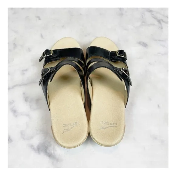 Dansko Karena Black Leather Double Strap Slide Comfort Sandals Sz 39