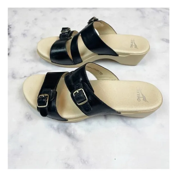 Dansko Karena Black Leather Double Strap Slide Comfort Sandals Sz 39