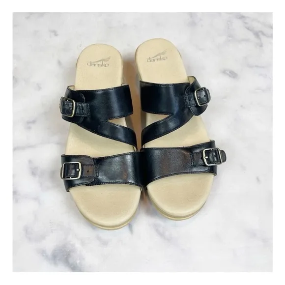 Dansko Karena Black Leather Double Strap Slide Comfort Sandals Sz 39