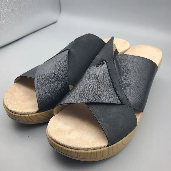 DANSKO Sandals Miri Black Leather Crisscross Platform Heel Slide 10.5 11 41 New