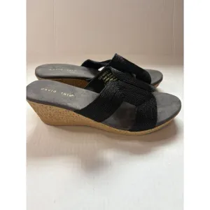 David Tate Women's Vibe Wedge Heeled Sandals Black Rayon Fabric Size 12 New
