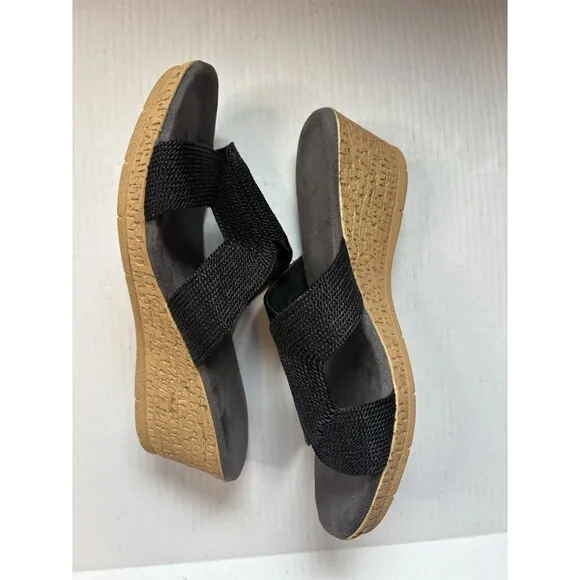 David Tate Women's Vibe Wedge Heeled Sandals Black Rayon Fabric Size 12 New