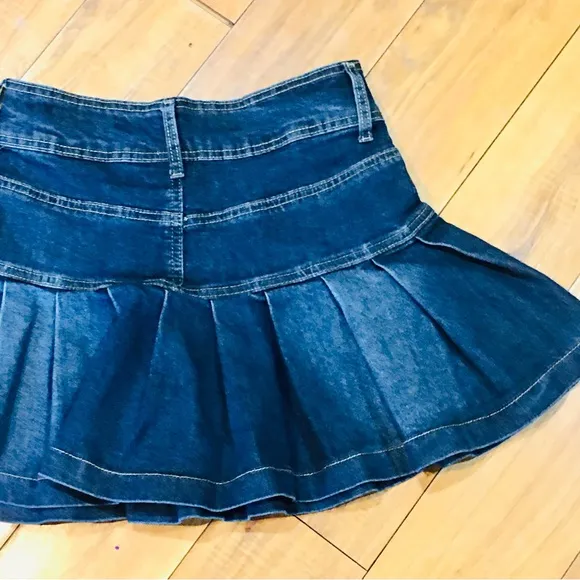 Denim stretch mini school skirt blue jeans pleats pleated pockets small