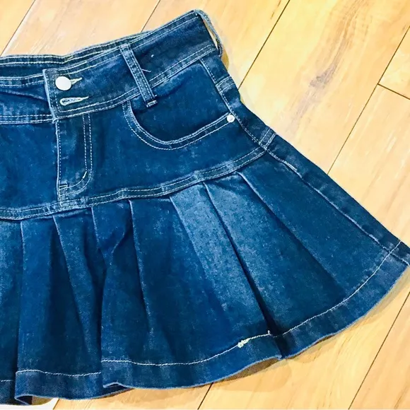 Denim stretch mini school skirt blue jeans pleats pleated pockets small