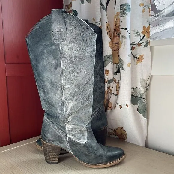 Destroy Gray Distressed Leather Cowboy Western Boots Size 37