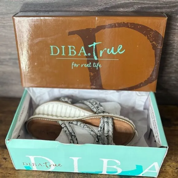 Diba True Cedar Cove Leather Strappy Slide Sandals in Gray Snakes, Size 6. New!