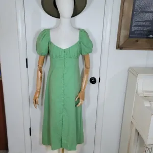 Déluc Green Button Front Cottagecore  Linen Blend Midi Dress Size Small