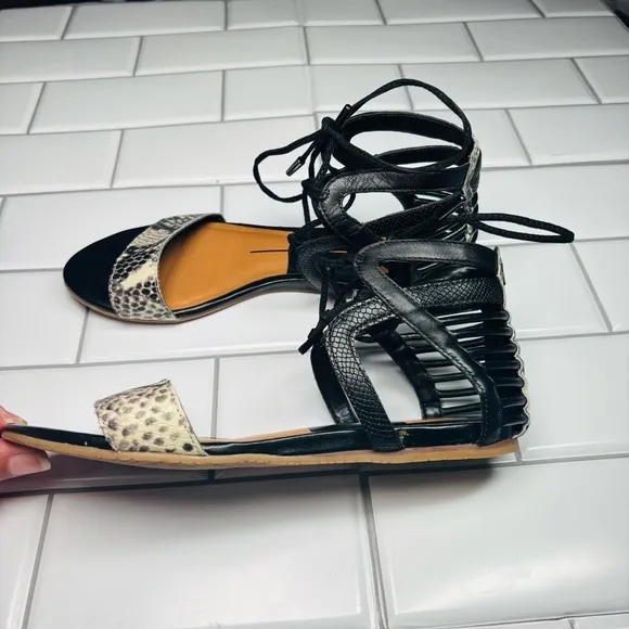 Dolce Vita Black and Snakeskin Strappy Sandals Gladiator Shoes, Size 6