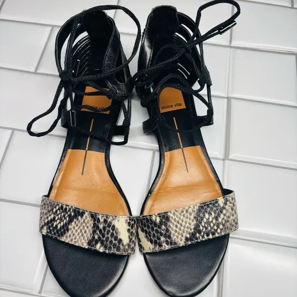 Dolce Vita Black and Snakeskin Strappy Sandals Gladiator Shoes, Size 6