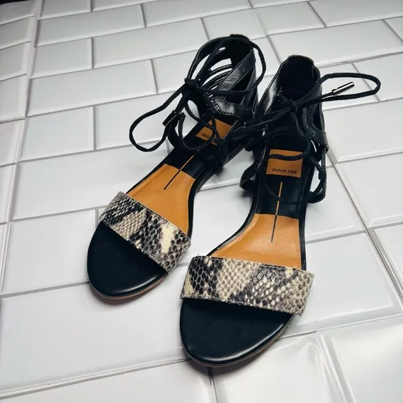 Dolce Vita Black and Snakeskin Strappy Sandals Gladiator Shoes, Size 6