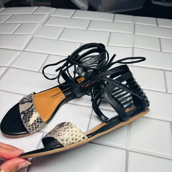 Dolce Vita Black and Snakeskin Strappy Sandals Gladiator Shoes, Size 6