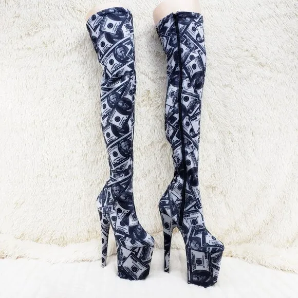 Dollar Money Print Stretch Thigh High 8 Heel Boots