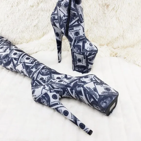 Dollar Money Print Stretch Thigh High 8 Heel Boots