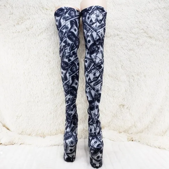Dollar Money Print Stretch Thigh High 8 Heel Boots