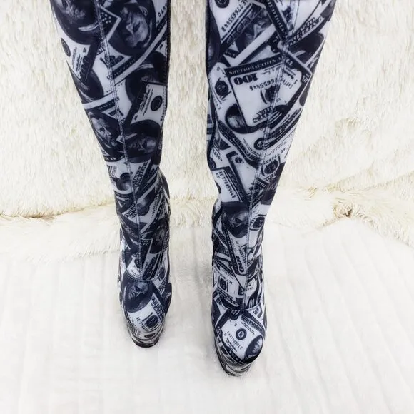 Dollar Money Print Stretch Thigh High 8 Heel Boots