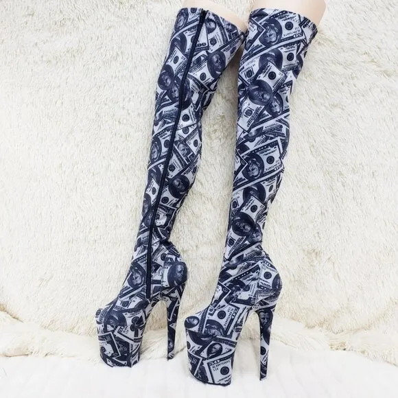 Dollar Money Print Stretch Thigh High 8 Heel Boots